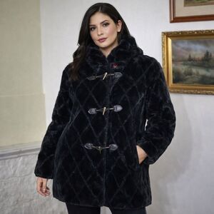 Hooded Black Textured Faux Fur Classic Duffle Coat